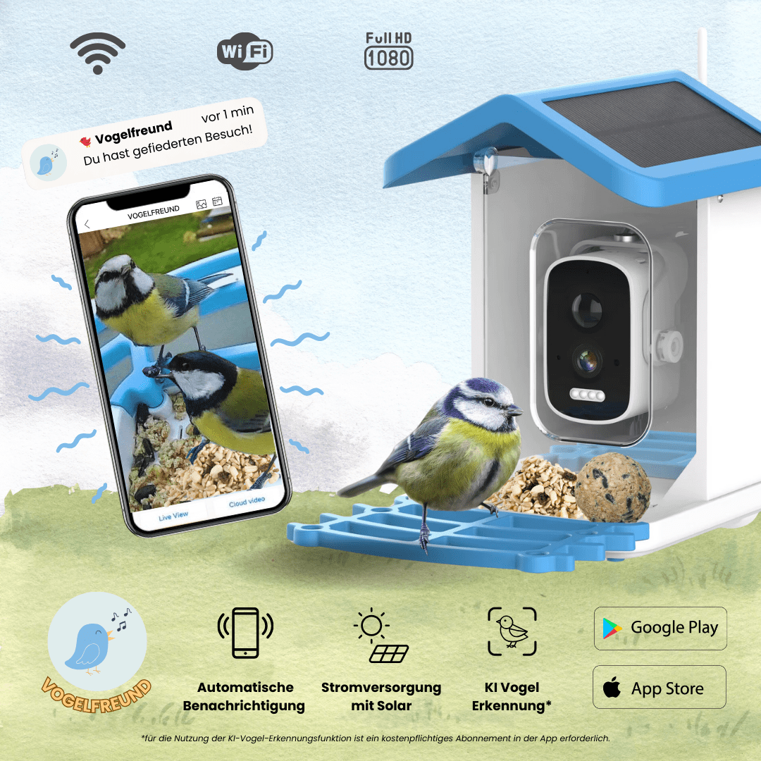 VOGELFREUND® - Smartes KI-Vogelfutterhaus mit hochauflösender Kamera